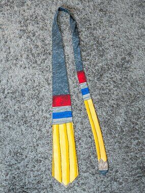 Save the Children Pencil Tie Silk Yellow Teacher School Art Jyll Vintage 90s